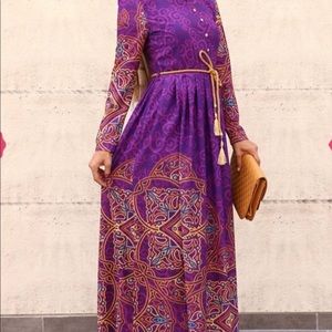 Women long sleeves Dress belted abaya kaftan